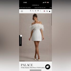CLUB L LONDON PALACE EHITE BARDOT MINI DRESS WITH FEATHER TRIM